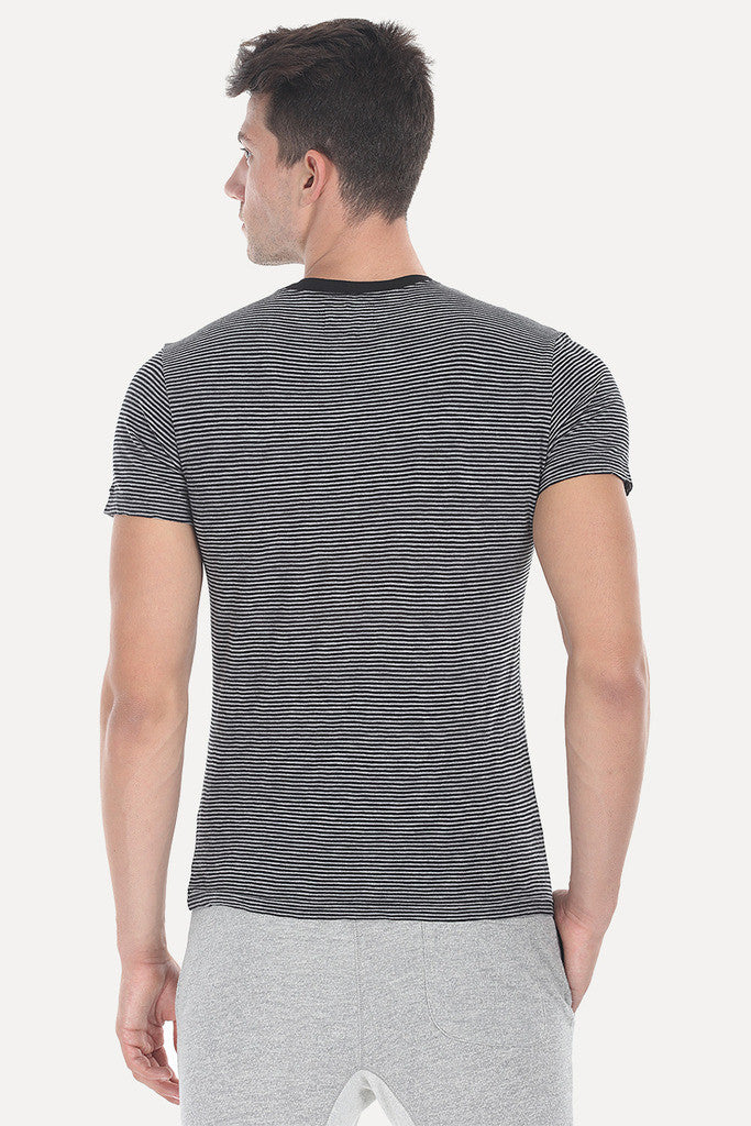 Striped Cotton Melange Knit V Neck Tee
