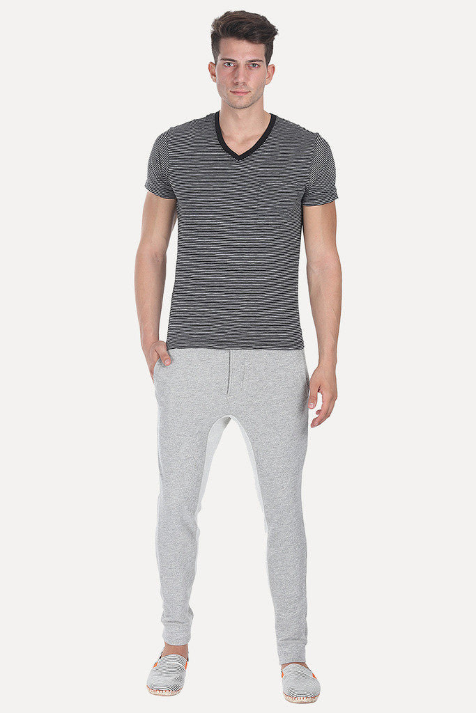Striped Cotton Melange Knit V Neck Tee