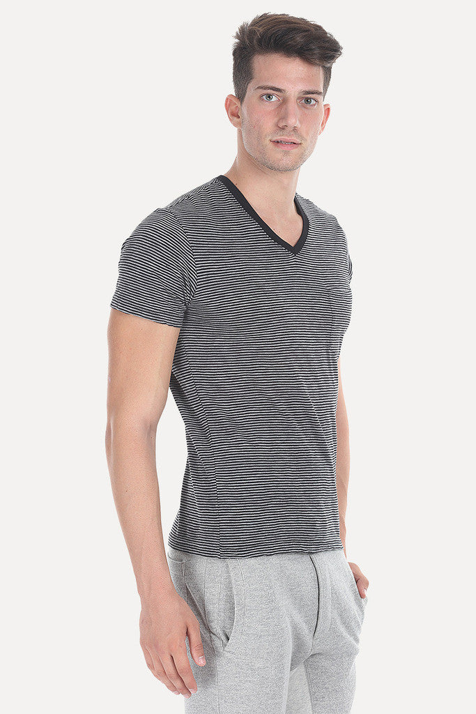 Striped Cotton Melange Knit V Neck Tee