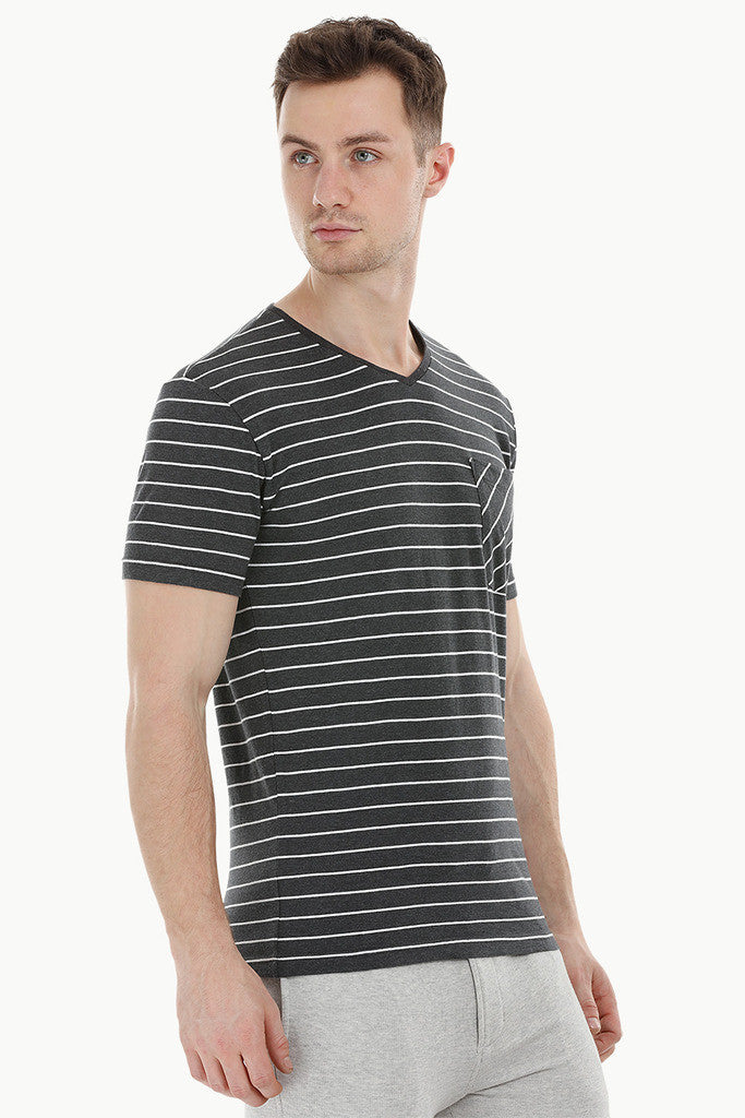 StripeV-Neck Charcoal T-Shirt