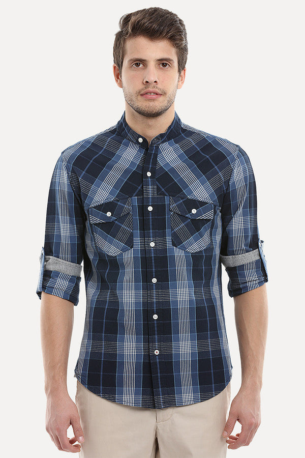 Woven Madras Plaid Collarless Shirt