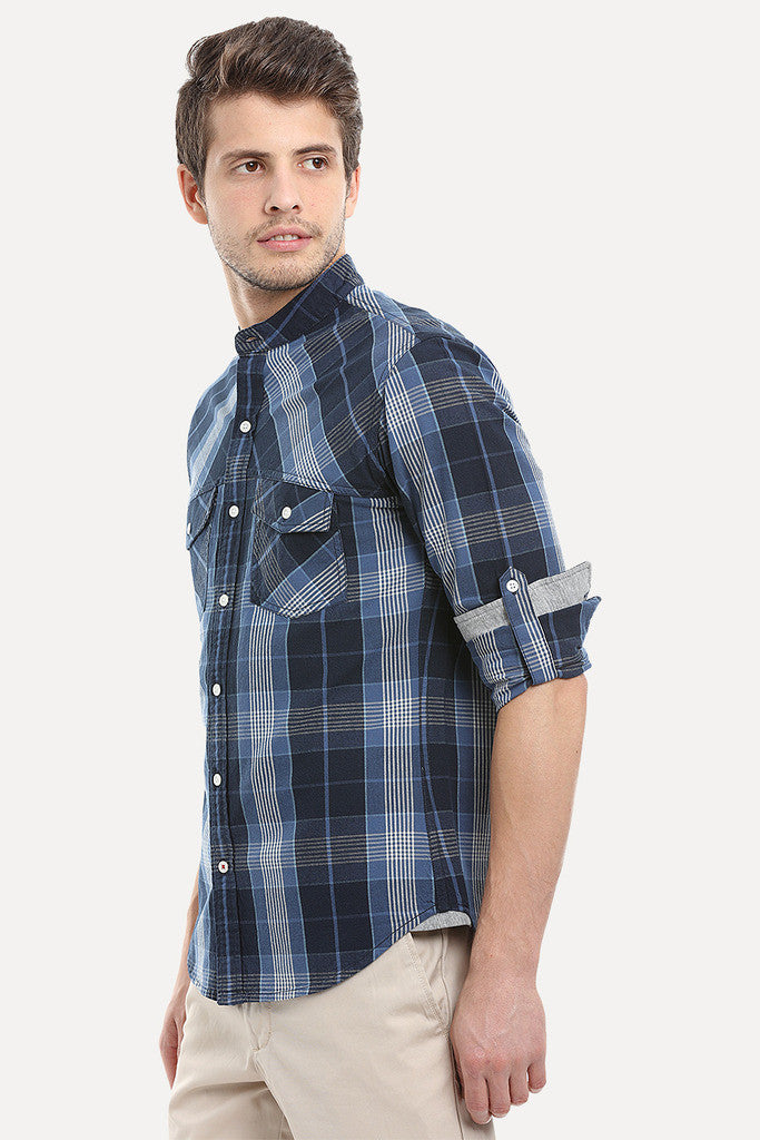 Woven Madras Plaid Collarless Shirt