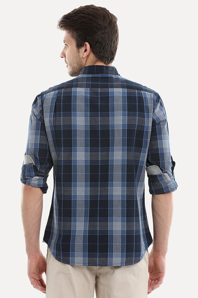 Woven Madras Plaid Collarless Shirt