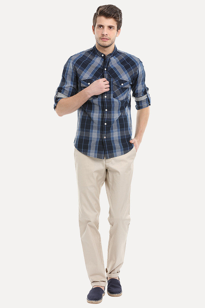 Woven Madras Plaid Collarless Shirt